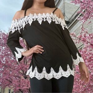 Off the Shoulder Modest Lace Oversized Bell Sleeve Dressy Work Blouse
